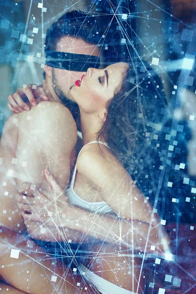 Passionate lovers foreplay at home with virtual connections — ストック写真