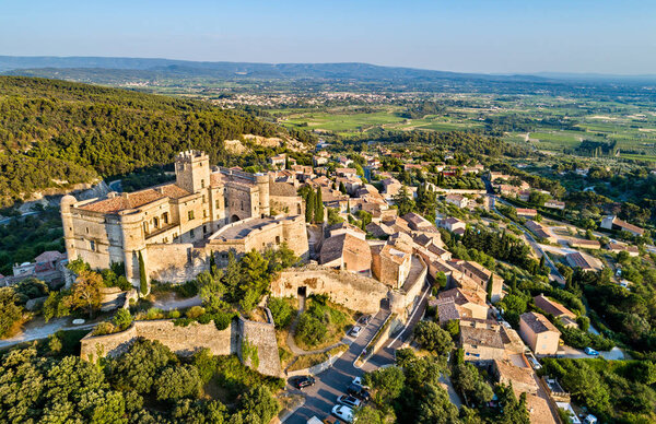 Aerial view of Le Barroux village with its castle. Provence, France