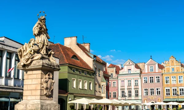 Statua di San Giovanni Nepomuceno sulla Piazza del Mercato Vecchio a Poznan, Polonia — Foto Stock