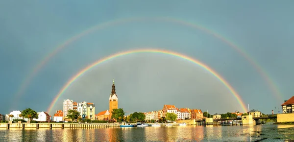 Double rainbow above Elblag town in Poland — Stock Photo, Image
