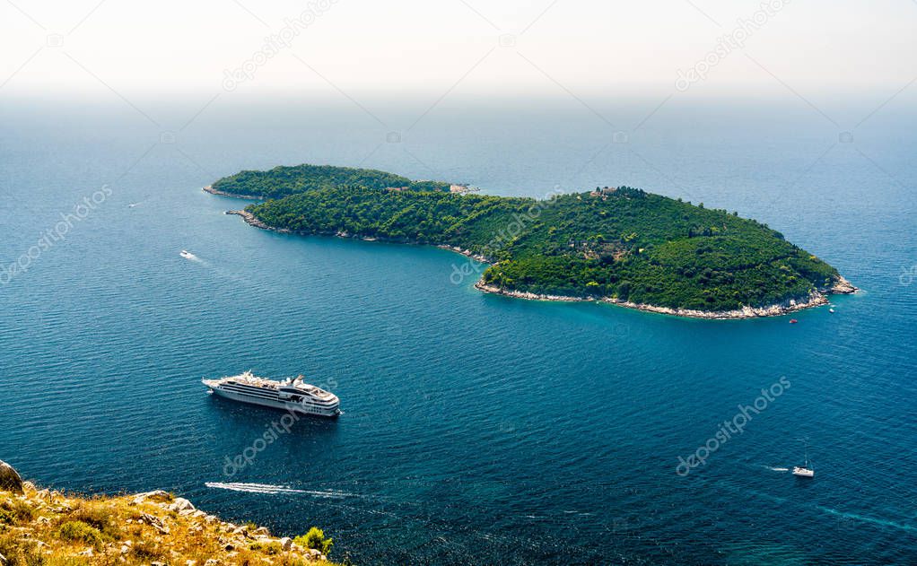 Aerial view of Lokrum Island in the Adriatic Sea near Dubrovnik, Croatia