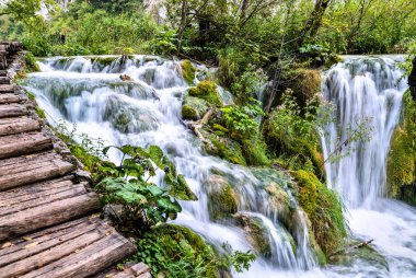 Su Plitvice Milli Parkı Hırvatistan üstünde ahşap yolu