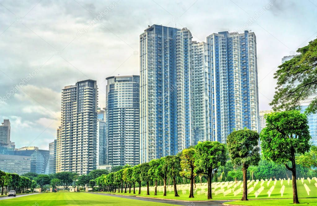 Skyscrapers as seen from Manila American Cemetery, Philippines