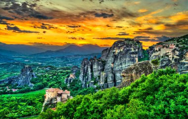 Sunset at Meteora in Greece clipart