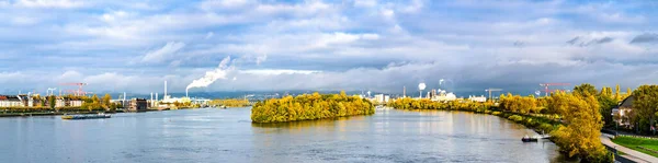 Panorama över floden Rhen mellan Mainz och Wiesbaden i Tyskland — Stockfoto