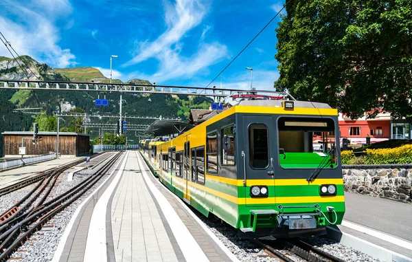 Pociąg towarowy w Wengen nad doliną Lauterbrunnen, Szwajcaria — Zdjęcie stockowe