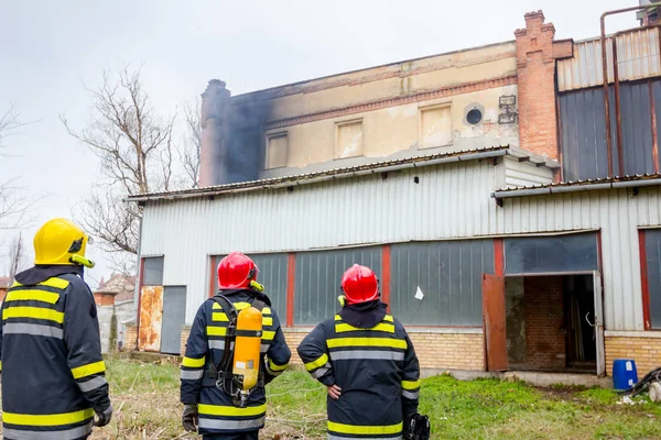 Vista Trás Equipe Bombeiros Uniforme Com Engrenagem Segurança Cheia Bombeiros — Fotografia de Stock