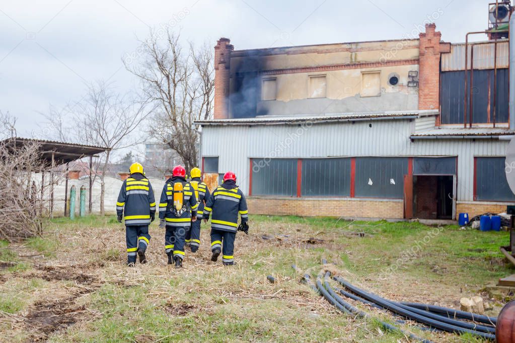 View from behind on team of firefighters in uniform with full safety gear. Firemen are looking industrial edifice.