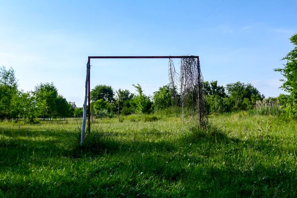 Çim bitki örtüsü arasında futbol ihmal edilen ve büyümüş mahkemede yalnız hedefi.