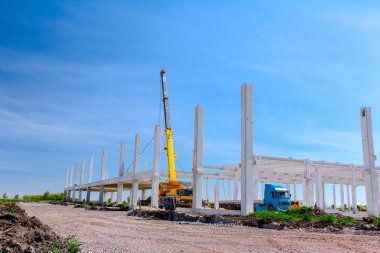 Vinçler-Mobil vinç montaj endüstriyel bina büyük beton iskelet var. Manzara dönüşümü makine ile kentsel alan kişi çalışıyor. Şantiye görüntülemek.