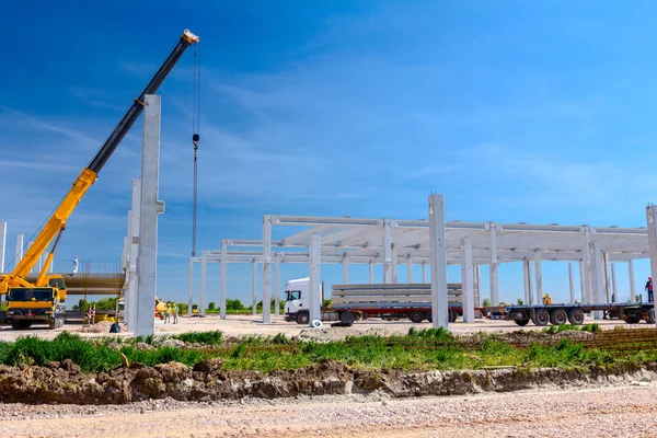 Vinçler-Mobil vinç montaj endüstriyel bina büyük beton iskelet var. Manzara dönüşümü makine ile kentsel alan kişi çalışıyor. Şantiye görüntülemek.