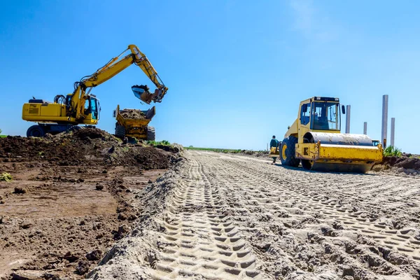 Pattern Tracks Huge Road Roller Spikes Compacting Soil Road Foundation — Stock Photo, Image