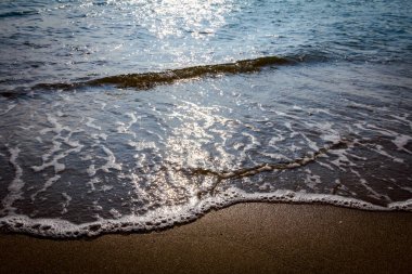 Deniz kumlu plajda köpüklü dalgalar kırıyor, sahil