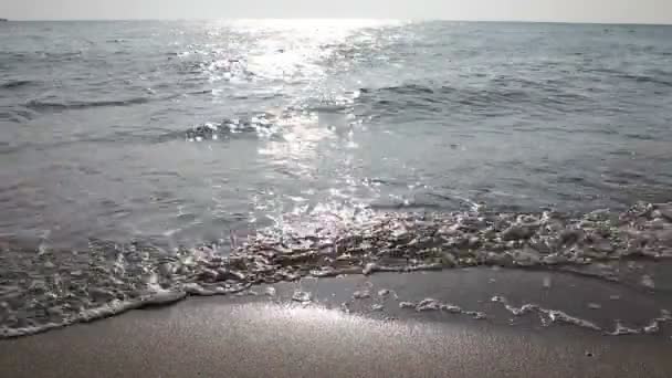 海岸に泡立つ波を破っています 海岸線の小さな波 泡状の波を持つ海の低角度のビュー Jpeg ビデオ コーデック — ストック動画