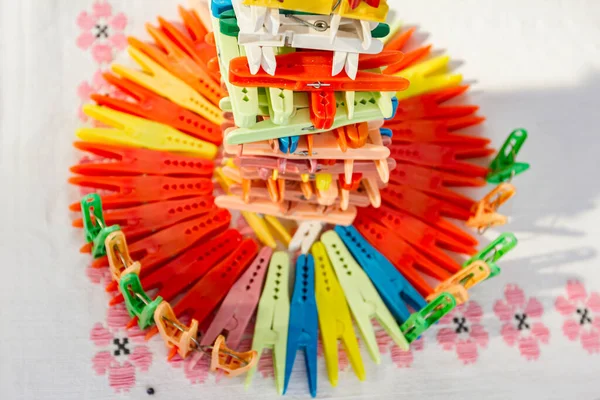 Kleding Haringen Veelkleurige Wasknijpers Zijn Gerangschikt Gevoerd Artistieke Vorm — Stockfoto