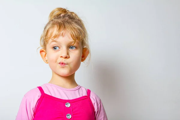 Portrait Funny Merry Sweet Little Girl She Make Funny Face — Stock Photo, Image