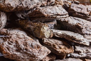 Kuru odun kömürü deposu, kömür yığını ve kullanıma hazır..