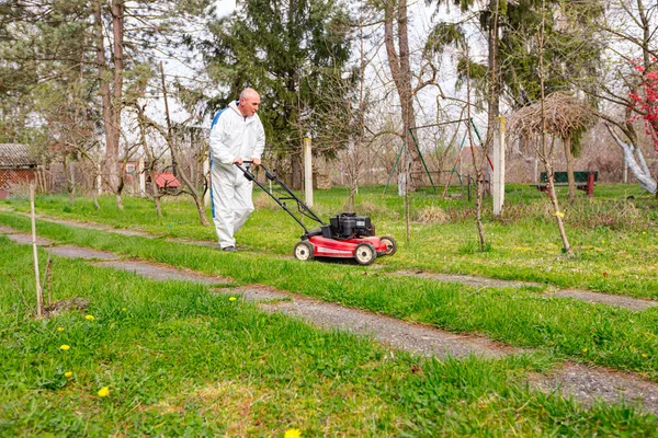 Koruyucu Giysili Bahçıvan Bahçesinde Çimen Biçiyor Çim Biçme Makinesi Meyve — Stok fotoğraf