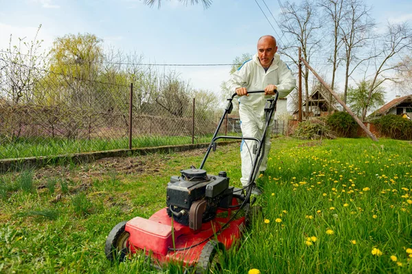 Trädgårdsmästare Bär Skyddande Övergripande Skär Gräs Sin Gård Med Motor — Stockfoto