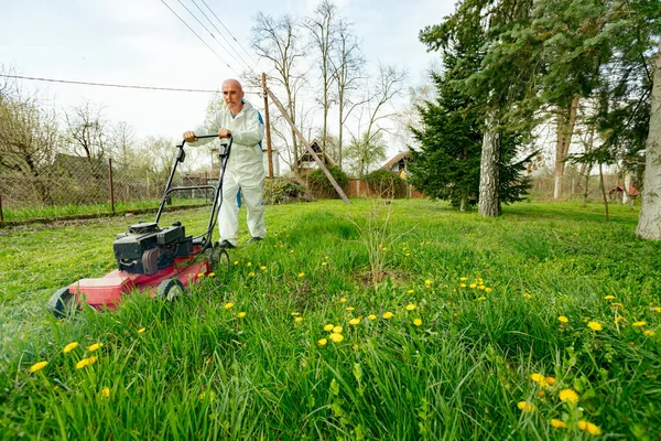 Trädgårdsmästare Bär Skyddande Övergripande Skär Gräs Sin Gård Med Motor — Stockfoto