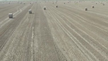 Kamera geriye doğru kalkıyor, hasat bittikten sonra çiftçilik için hazırlanan tarımsal alandaki bir saman balyasına bakıyor. MAVIC 2 PRO 4K HQ 30fps DLog-M H.265 10 Bit Renkli