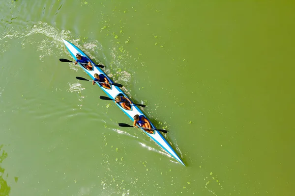 View Young Rowers Who Have Competition Rowing Kayaks River — Stock Photo, Image