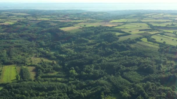 Dolly Bewegende Schot Boven Groen Heuvelachtig Landschap Verschillende Gecultiveerde Percelen — Stockvideo