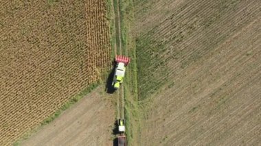 Zirai hasat aracının havadan görünüşü tarım arazilerindeki olgun ayçiçeklerini kesip biçiyor..