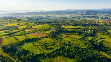 Yeşil tepe manzarasının üzerinde çekilmiş, uzaktaki orman ağaçları ve şehirler arasında ekilmiş araziler..
