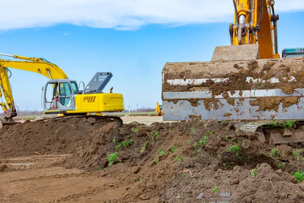 Two Big Excavators Remove Layer Soil Construction Site Project Progress — Stock Photo, Image