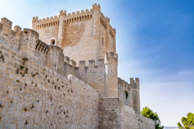 Penafiel, Valladolid, İspanya. Güneşli bir yaz gününde ortaçağ kalesinin manzarası. Kulelerini ve tarihsel mirasını gözler önüne seriyor..