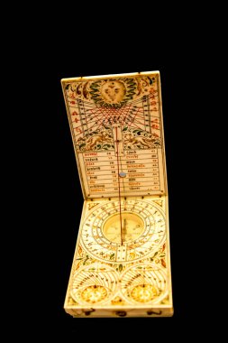 Diptych tuşu, Tucher Atölyesi, Nuremberg, c. 1600 Fildişi diptiş kadranı farklı saat sistemlerindeki saati ve farklı yerlerde kullanımını anlatıyor..