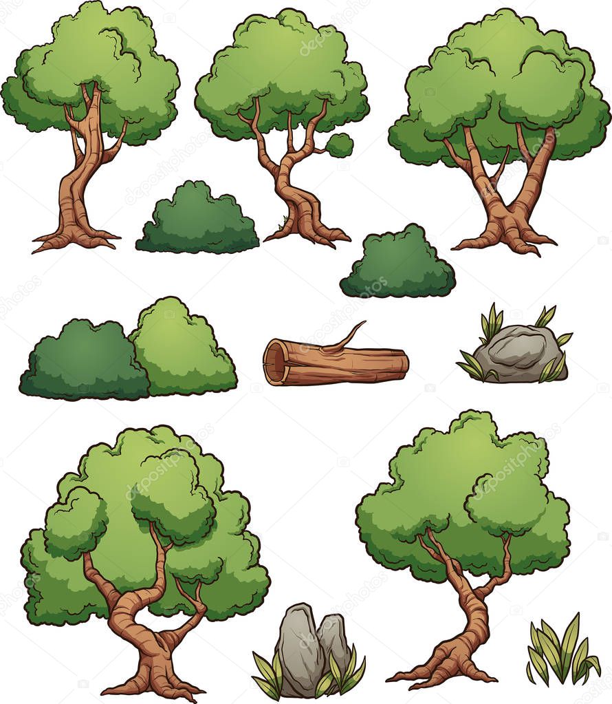 Cartoon forest trees, bushes, hedges and rocks. Vector clip art illustration with simple gradients. Each on a separate layer.