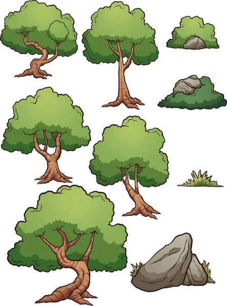 卡通森林树木 树篱和岩石 带有简单渐变的矢量剪贴画插图 每个在一个单独的层上 — 图库矢量图片