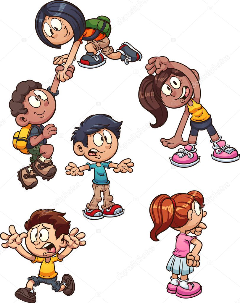 Cartoon kids performing different actions. Vector clip art illustration with simple gradients. Some elements on separate layers