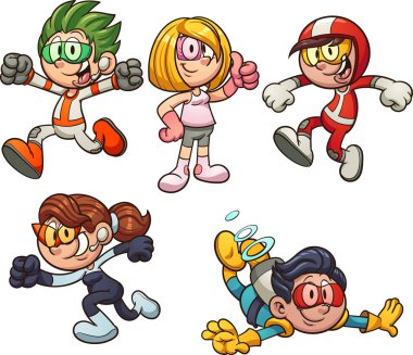 Gelecekten teknolojik uzay giysileri ile gelen çizgi film çocuklar. Vektör klip sanat çizim basit degradelerle. Her ayrı bir katmana.