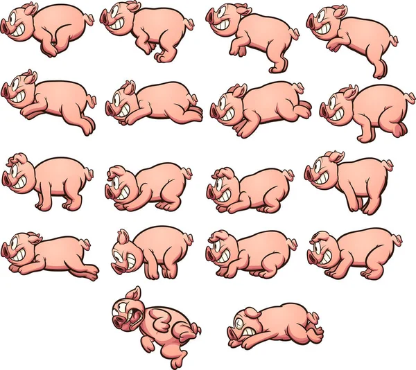 Sprites Cochon Bande Dessinée Avec Des Actions Course Saut Prêt — Image vectorielle