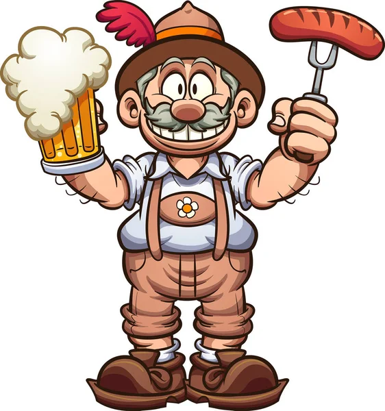 Bavarian Man Traditional Clothes Celebrating Oktoberfest Beer One Hand Sausage — Stock Vector