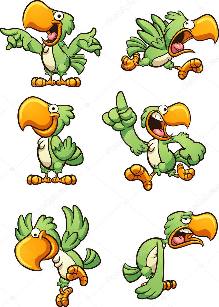Green parrot with different poses and expressions. Vector clip art illustration with simple gradients. Each on a separate layer.