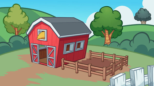 Cartoon farm with barn background. Vector clip art illustration with simple gradients. Some elements on separate layers.