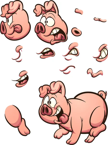 Cartoon Pig Different Poses Expressions Vector Clip Art Illustration Simple — Stock Vector