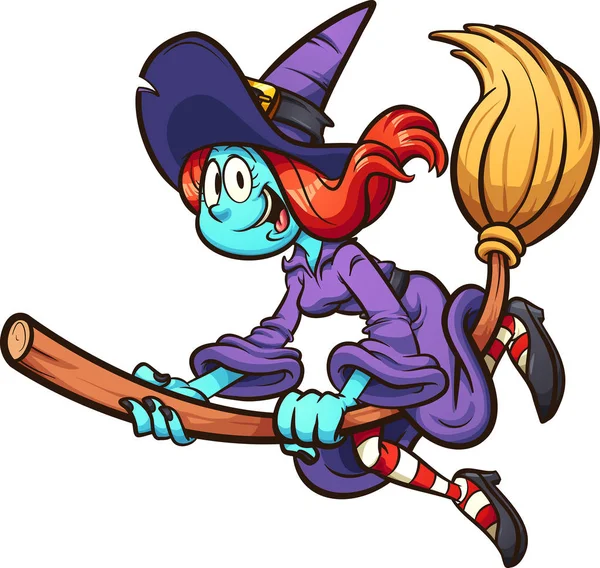 Happy Thin Cartoon Witch Flying Her Broom Vector Clip Art — Stock Vector