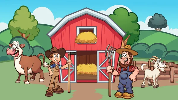 Fattoria Cartoni Animati Con Agricoltori Mucca Capra Illustrazione Clip Art — Vettoriale Stock