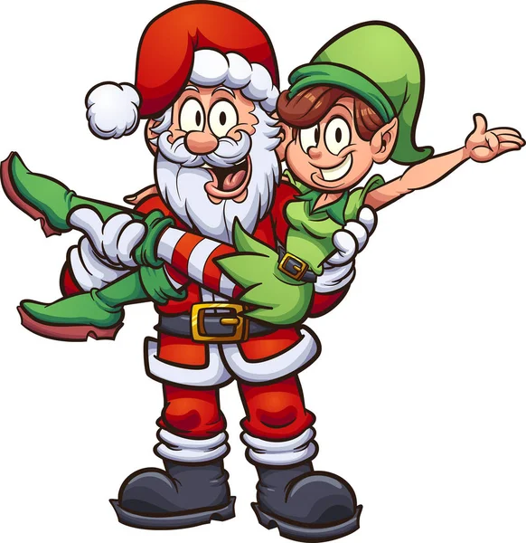 Santa Carrying Female Elf Vector Clip Art Illustration Simple Gradients — Stock Vector