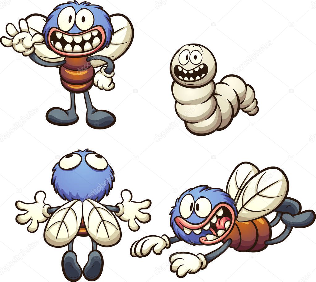 Cartoon fly in different poses.  Vector clip art illustration with simple gradients. Each on a separate layer.