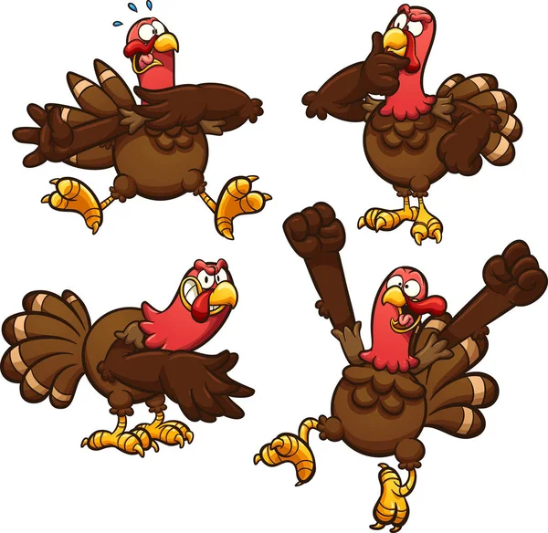 Dessin Animé Thanksgiving Dinde Dans Différentes Poses Illustration Clip Art — Image vectorielle