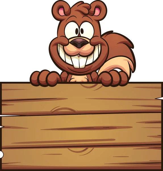 Cartoon Squirrel Wooden Sign Vector Clip Art Illustration Simple Gradients — Stock Vector