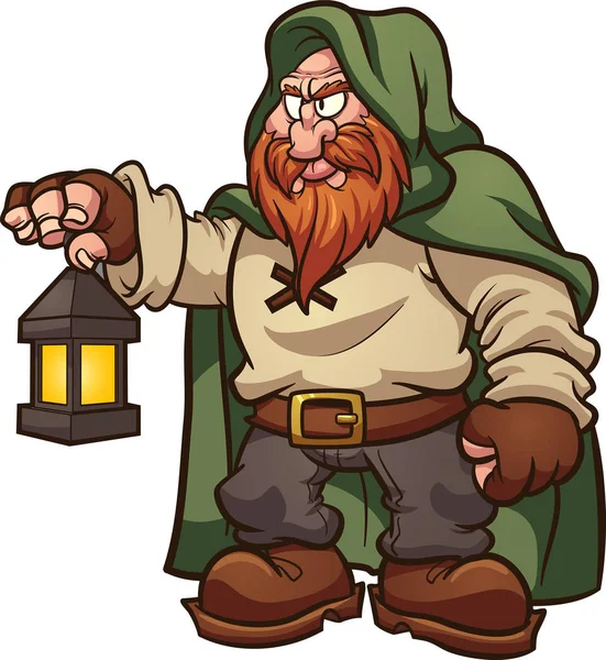 Fairy Tale Medieval Dwarf Green Hood Holding Lantern Vector Clip — Stock Vector