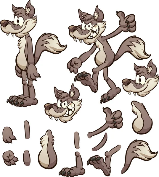 Personaje Lobo Dibujos Animados Coyote Con Diferentes Palmaditas Cuerpo Ilustración — Vector de stock