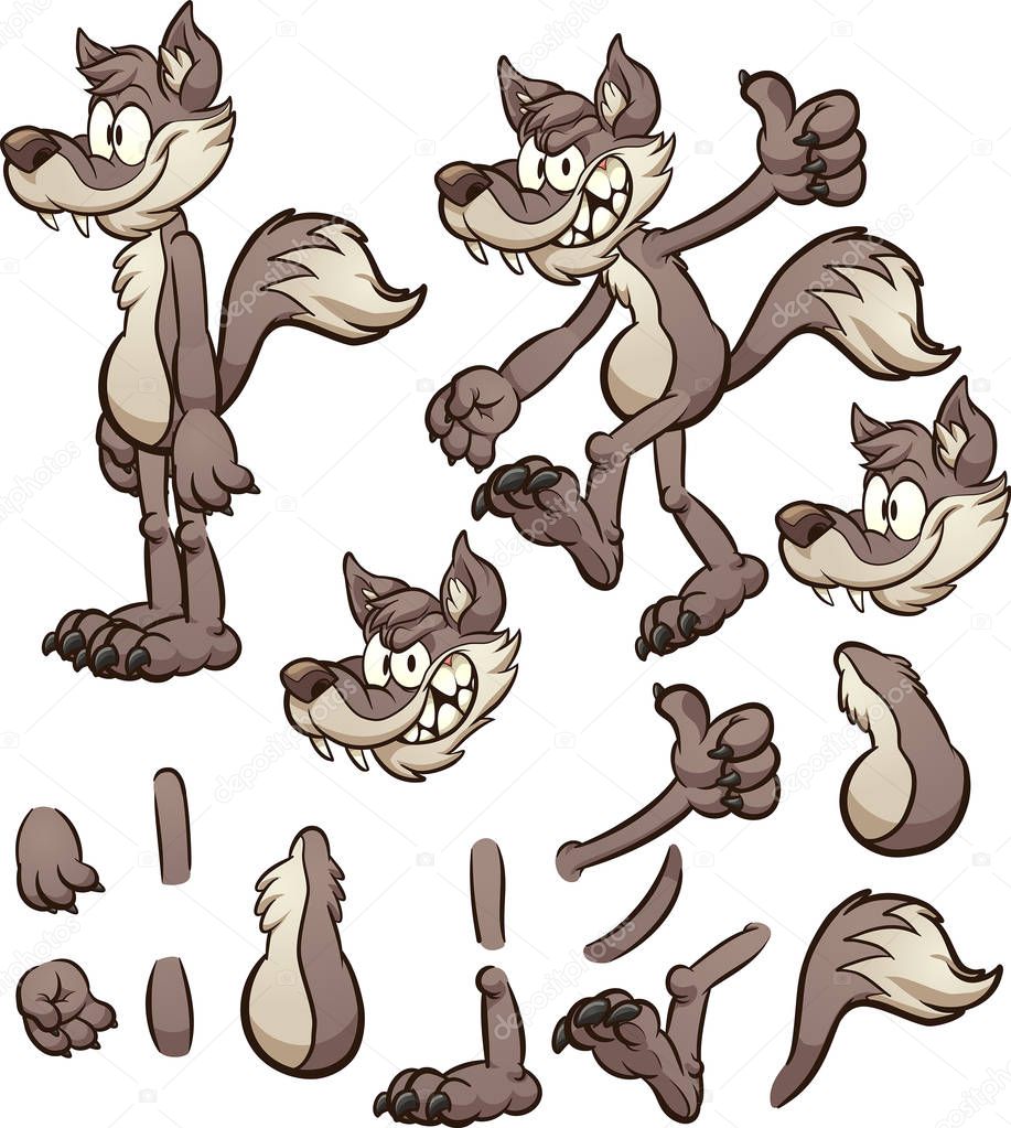 Cartoon wolf or coyote character with different body pats. Vector clip art illustration with simple gradients. Some elements on separate layers